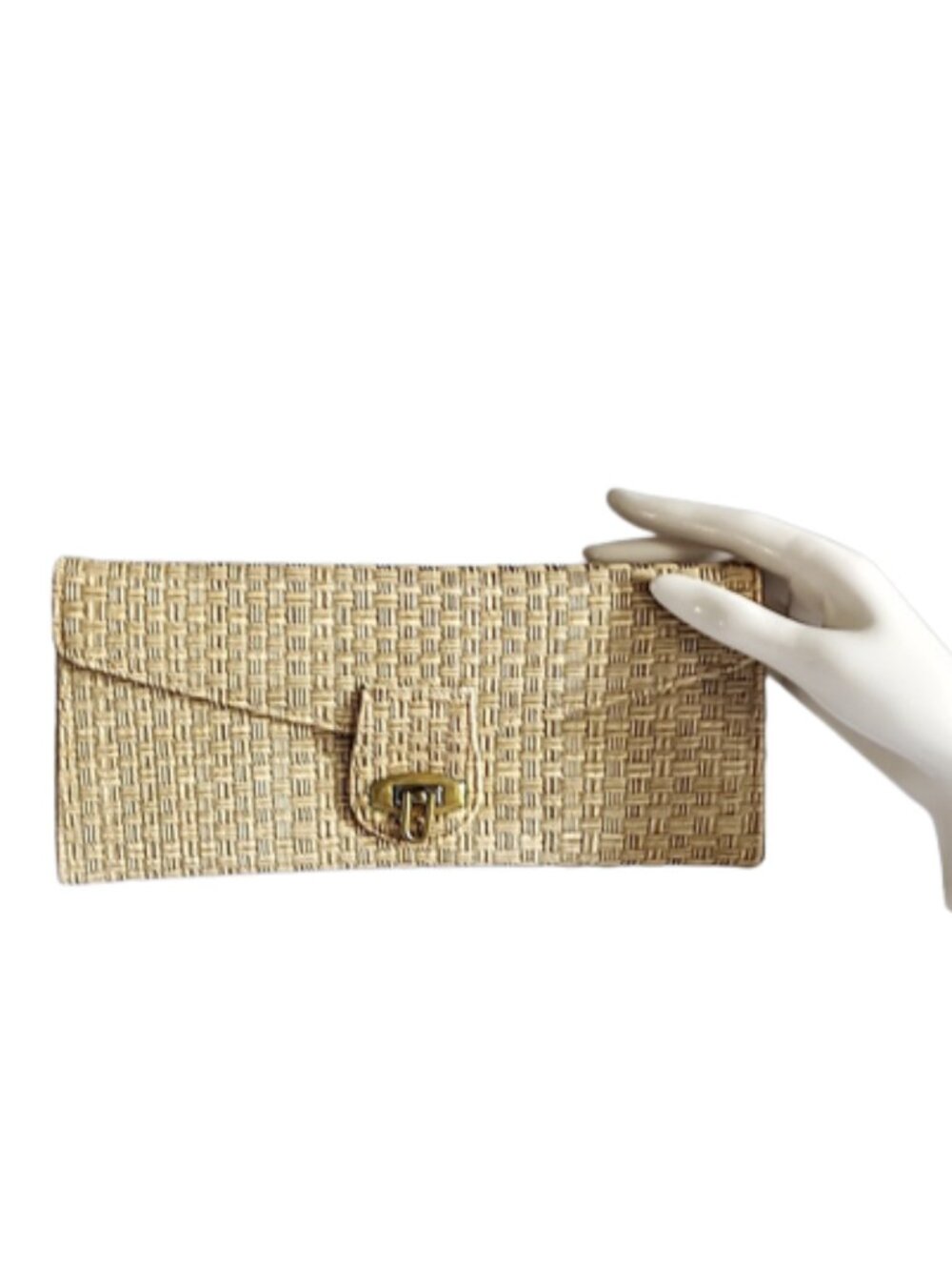 1950s Vintage Tan Small Long Narrow Vinyl Clutch Handbag Purse Textured Design